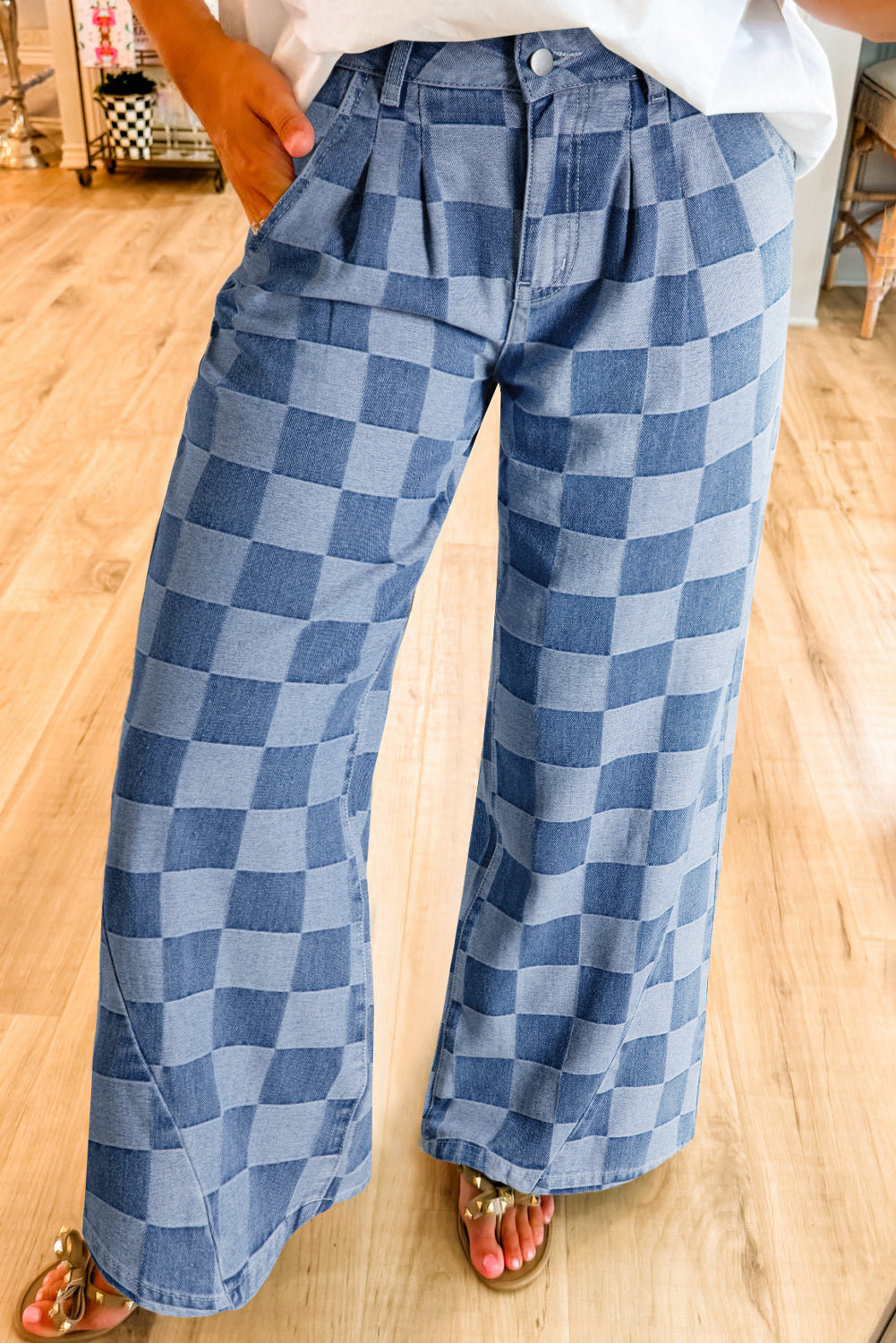 Denim Wide Leg Jeans Checkered Light Blue Women Size 4–16