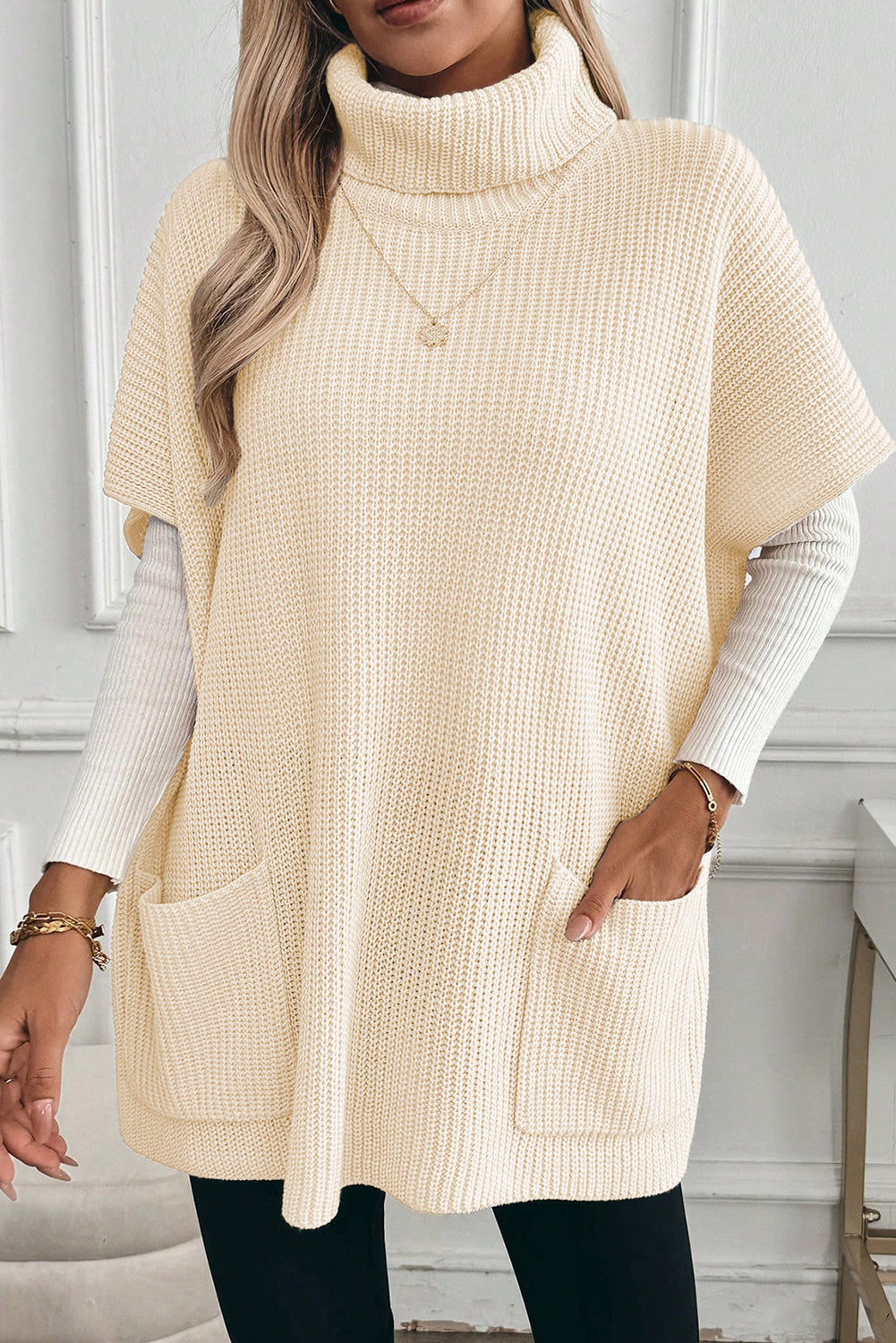 Turtleneck Short Sleeve Tunic Sweater with Pockets