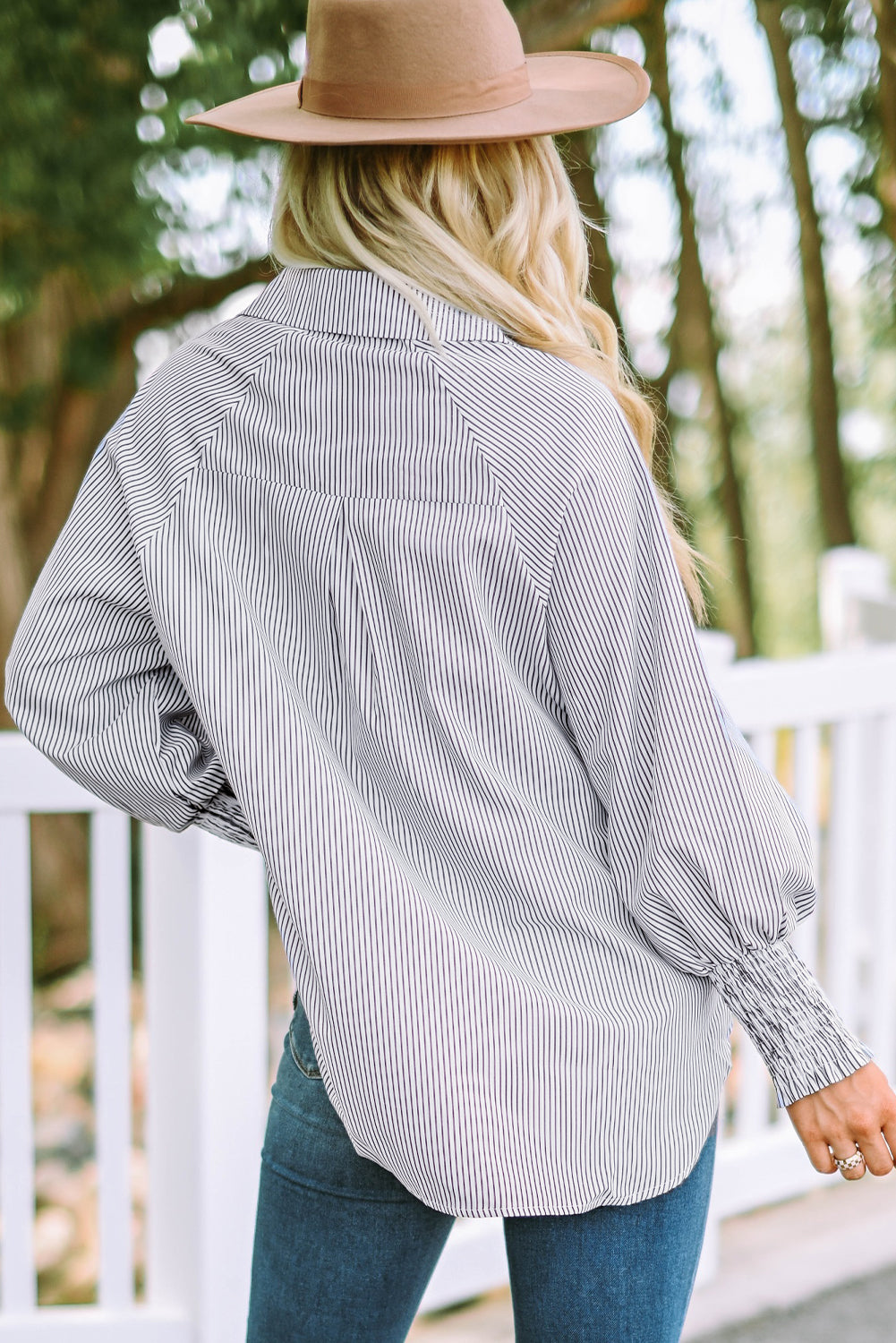 Smocked Cuff Striped Boyfriend Shirt.  S-2x