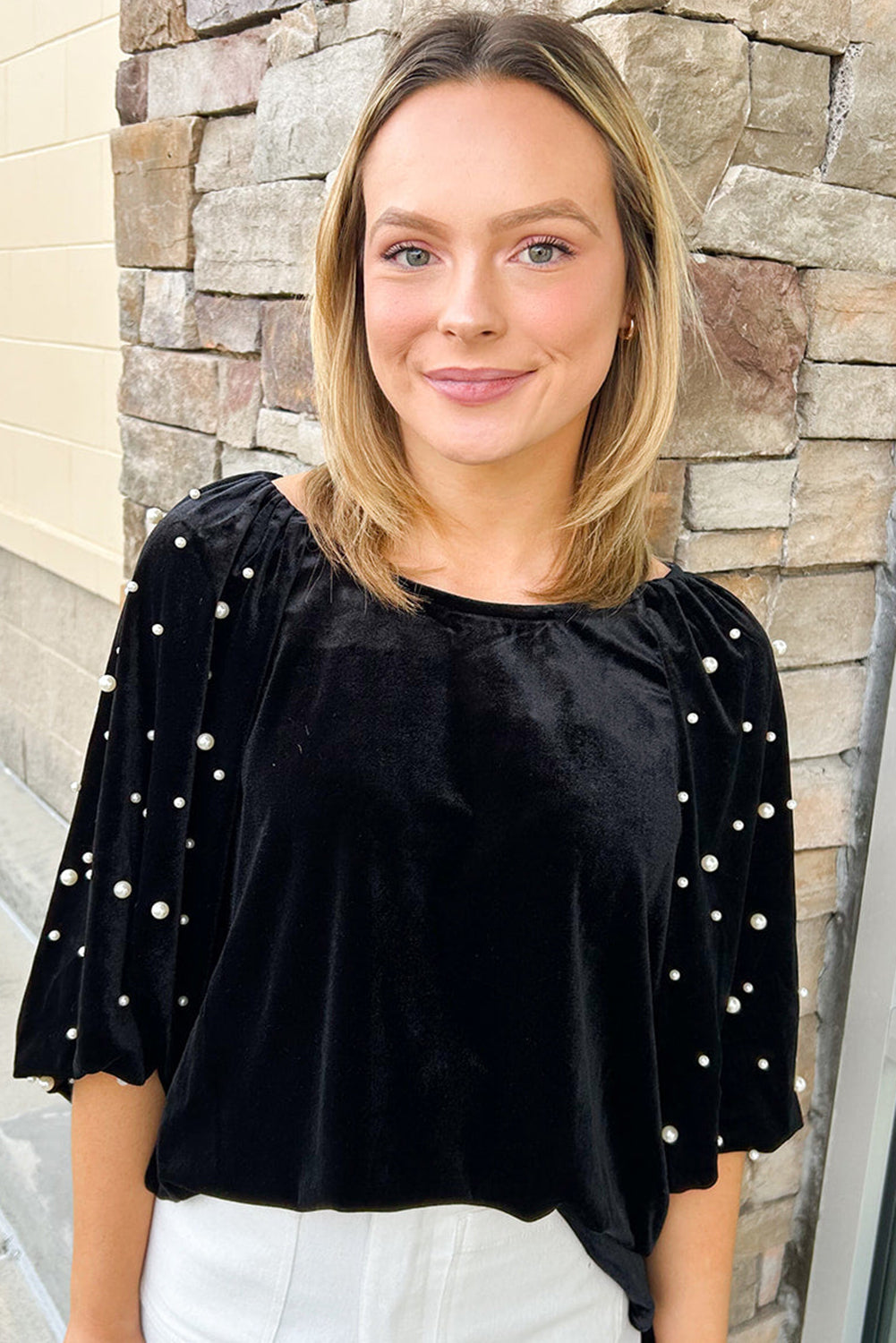 Pearl Beaded Half Sleeve Velvet Top