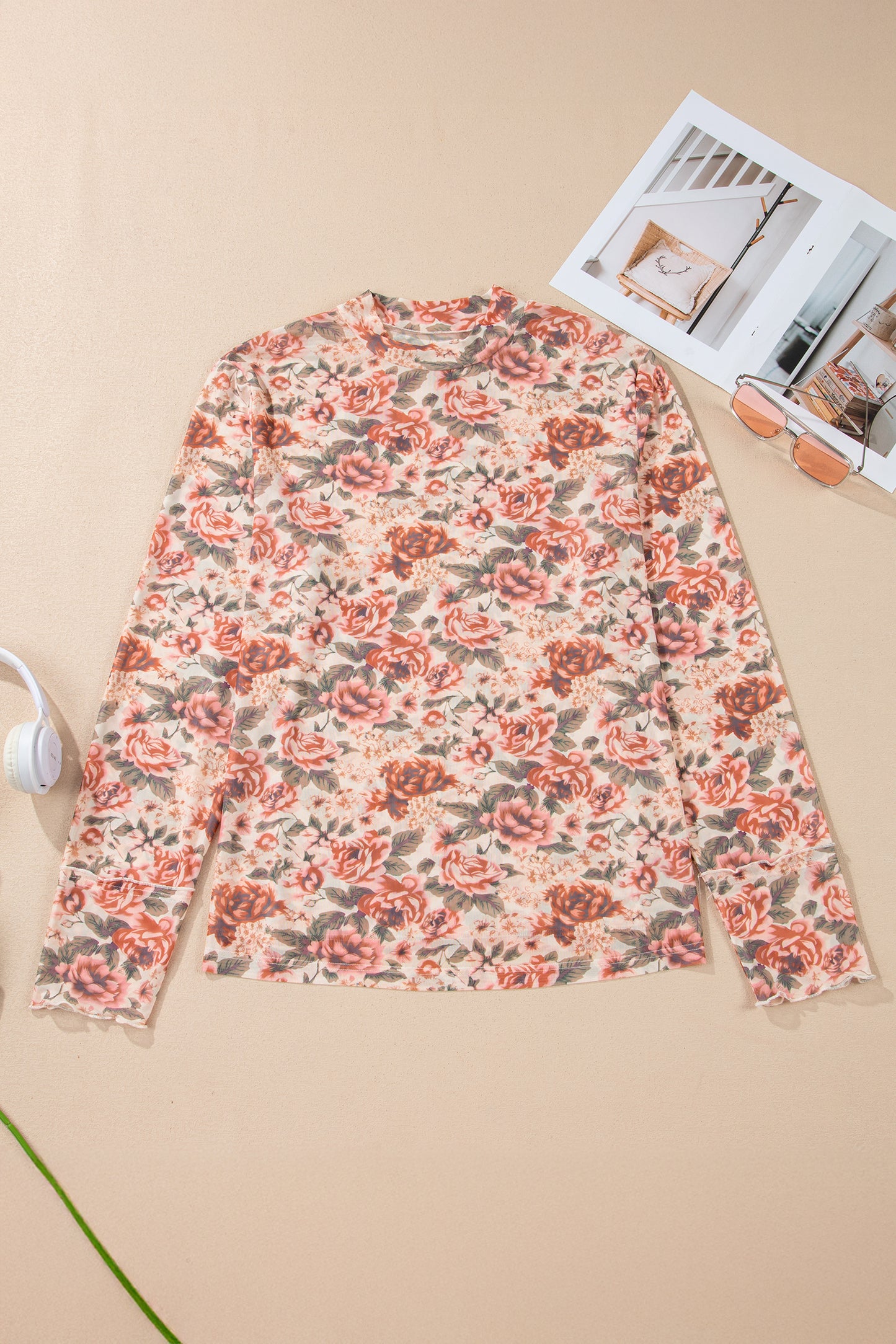 Floral Print Mock Neck Long Sleeve Slim Top | Plus Size | Pink | 1X–4X