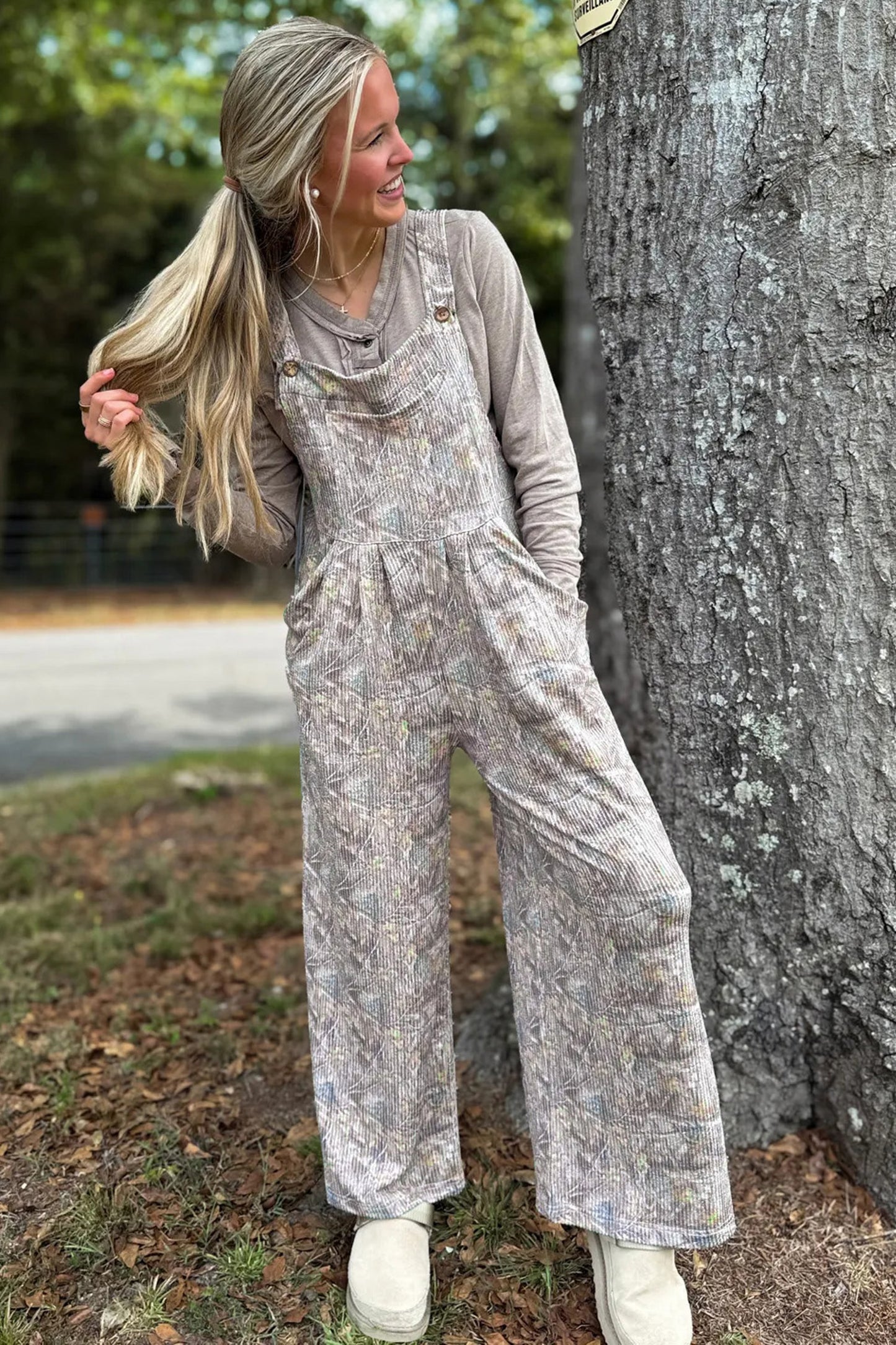 Womens Camo Ribbed Wide Leg Jumpsuit S to XL