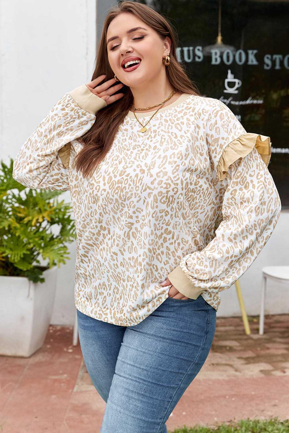 Leopard Print Ruffle Sleeve Ribbed Long Sleeve Top | Plus Size | Khaki | 1X–4X
