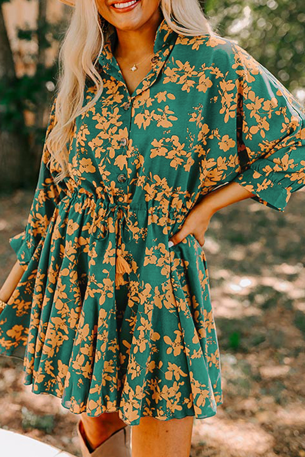 Floral Print Drawstring Waist Tunic Flowy Short Dress
