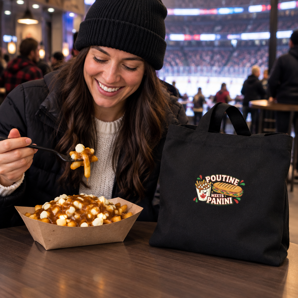 Fan eating poutine at a hockey game with the Poutine Meets Panini tote