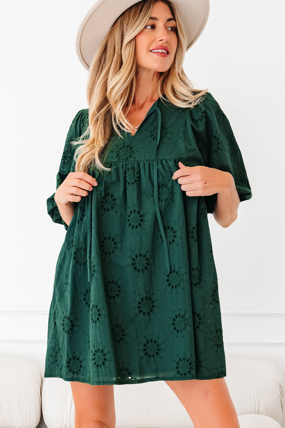 Green Embroidered Eyelet Pattern 3/4 Puffy Sleeve Swing Mini Dress