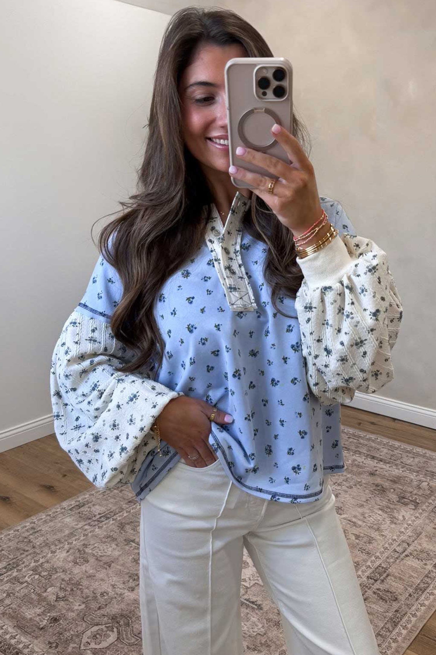 Women's Floral Print Contrast Long Sleeve Tunic Top S to XL