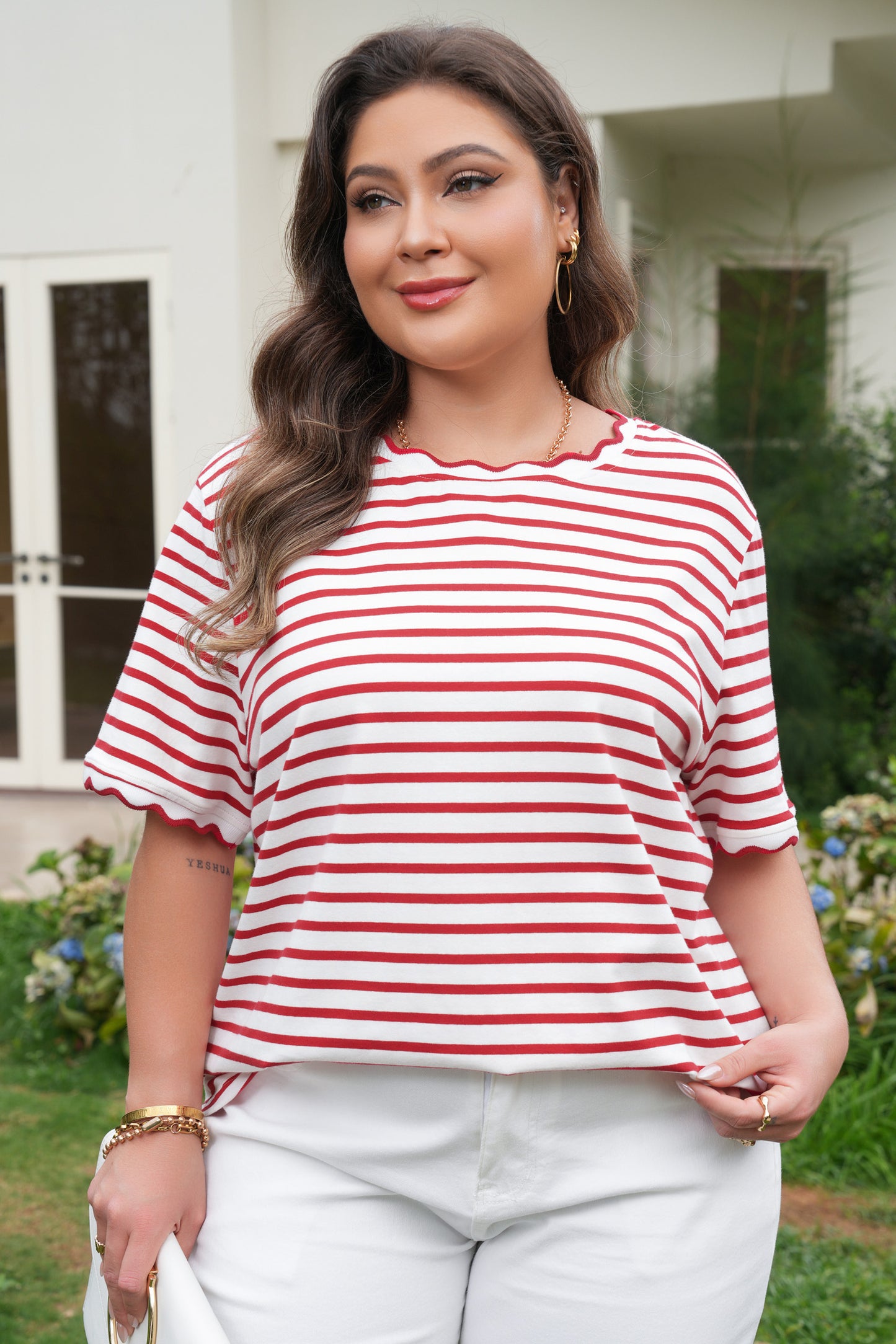 Plus Size Red Stripe Top with Scallop Detail Women 1X–4X