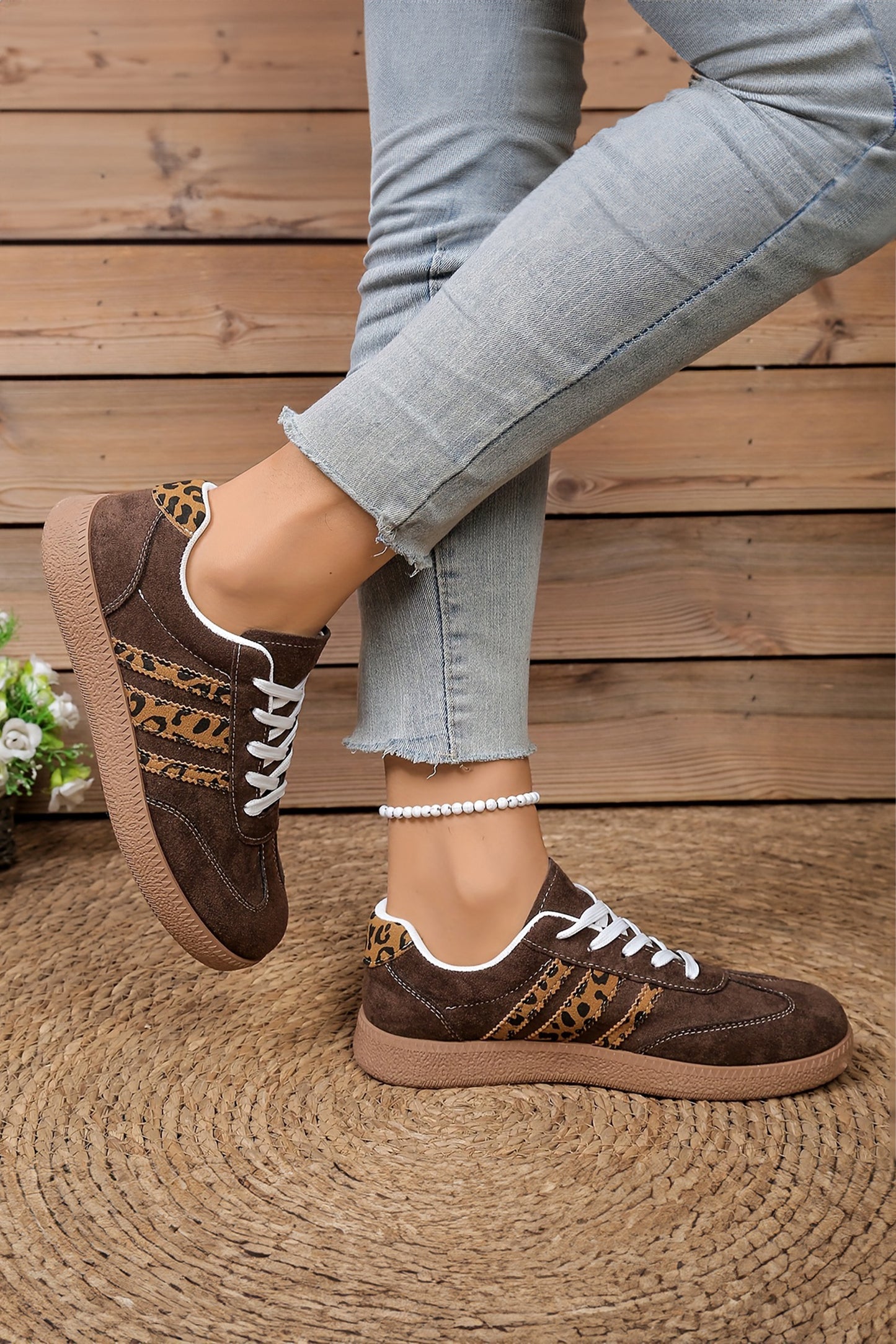 Leopard Patchwork Faux Suede Lace-Up Sneakers | Coffee