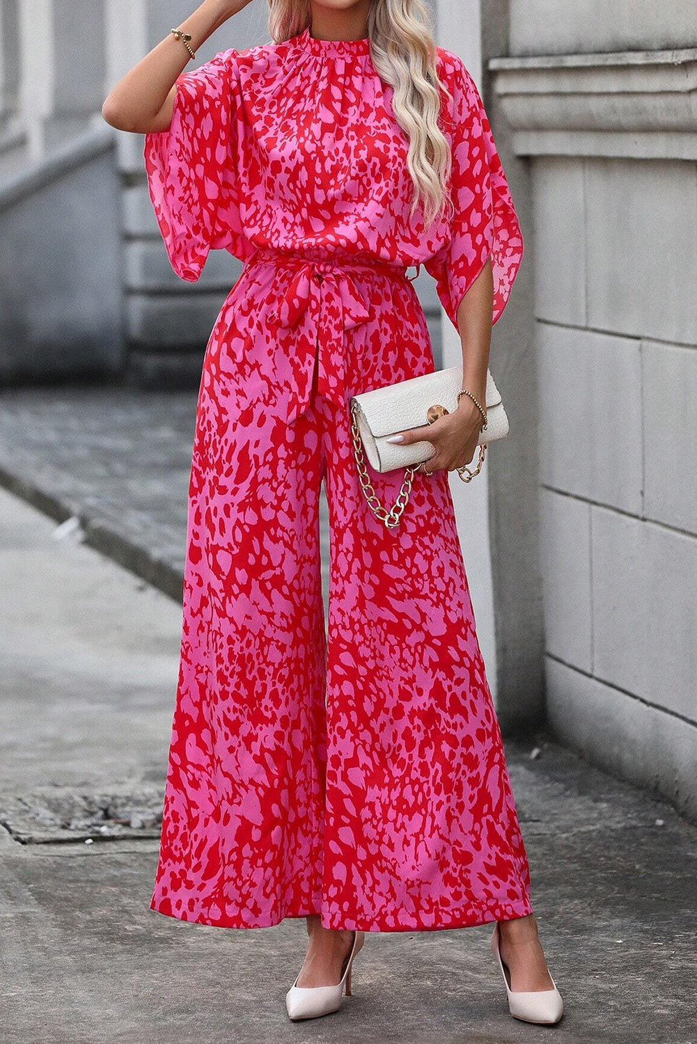 Rose Leopard Print Loose Sleeve Sash Belted Wide Leg Jumpsuit
