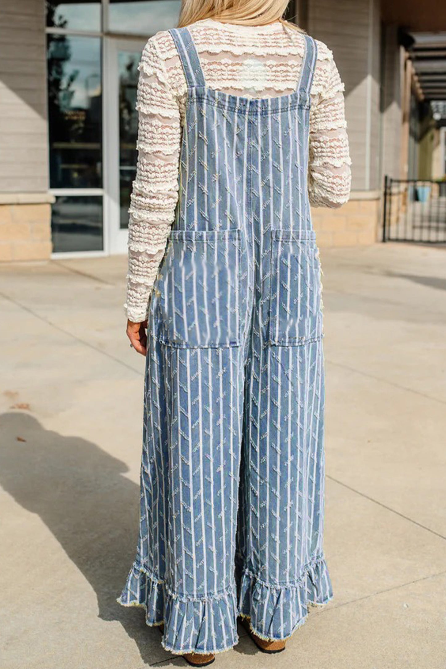 Light Denim Striped Wide Leg Overalls Women S–XL