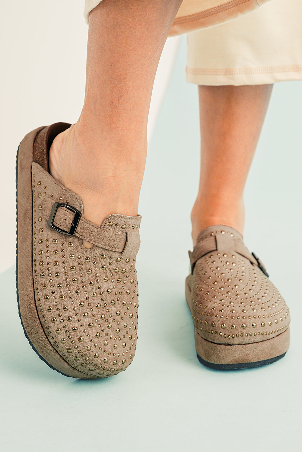 Cream Rivet Buckle Closed Toe Platform Sandals