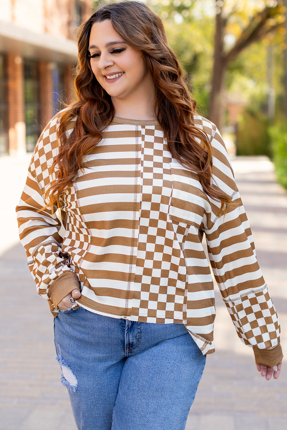 Striped Checkered Mixed Print Chest Pocket Top | Khaki | 1X–4X