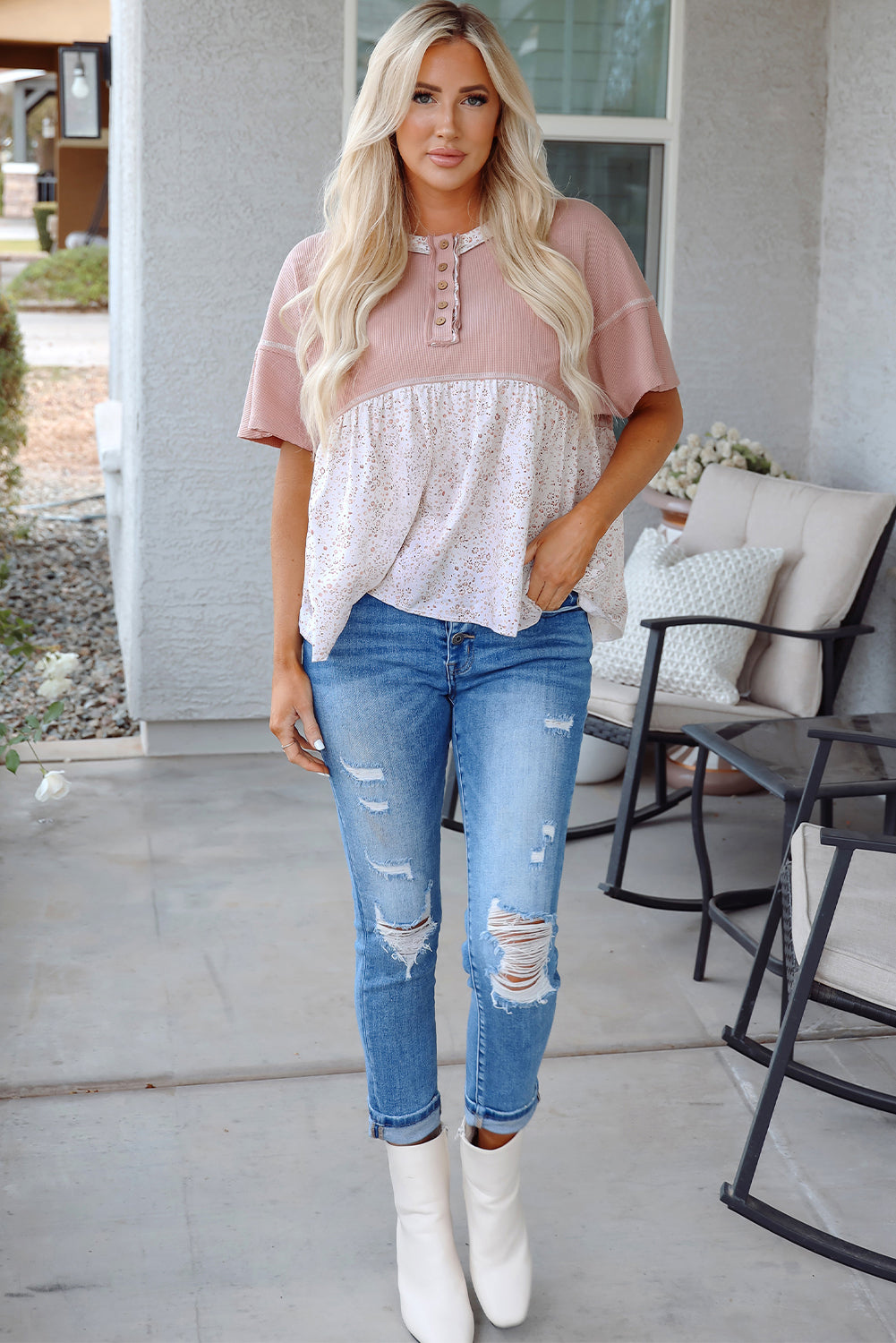 Pink Waffle Knit Floral Crinkle Patchwork Exposed Seam Short Sleeve Top – Women's Edgy Casual Tee (S–XL)