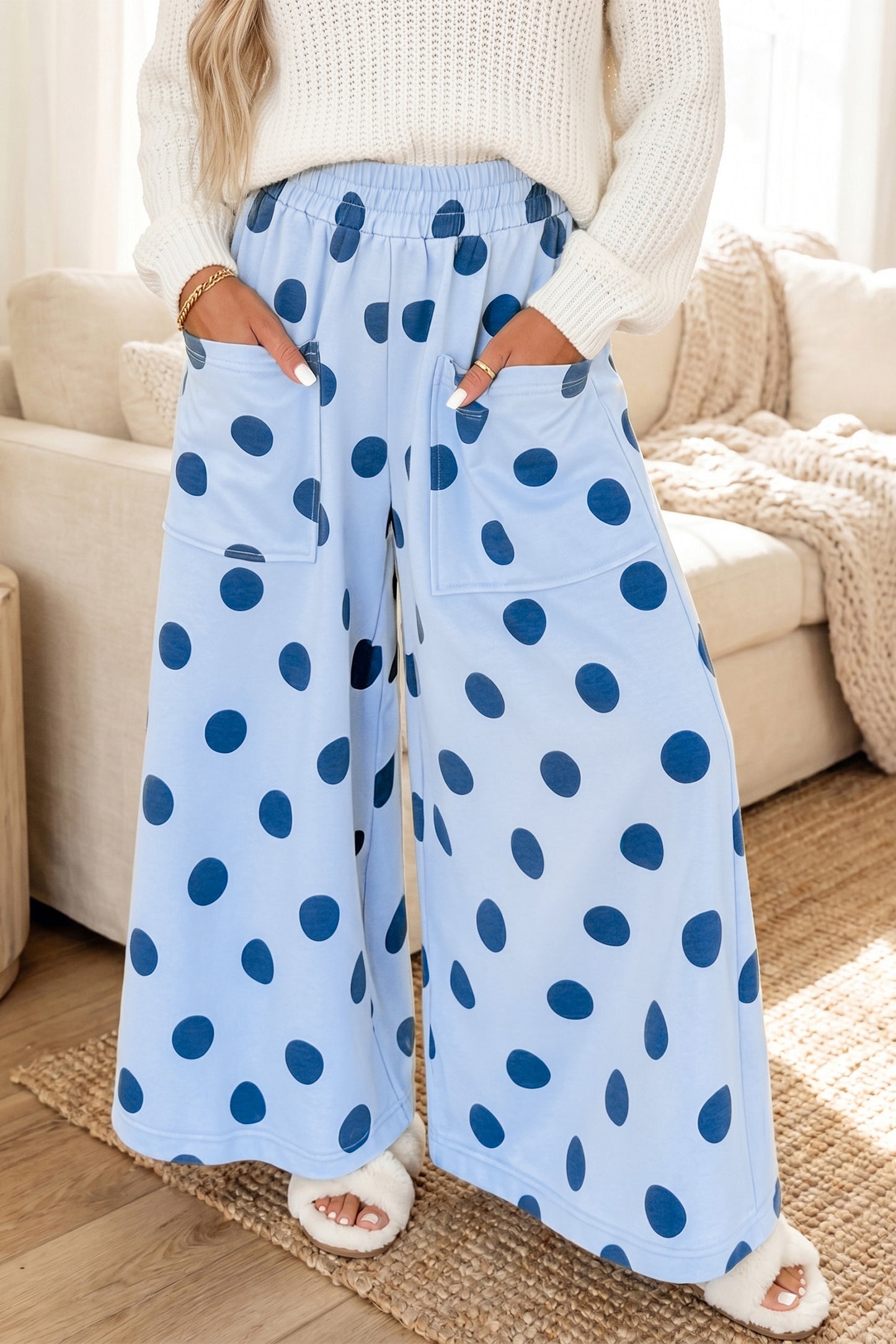 Women's Polka Dot Wide Leg Elastic Waist Pants S to XL