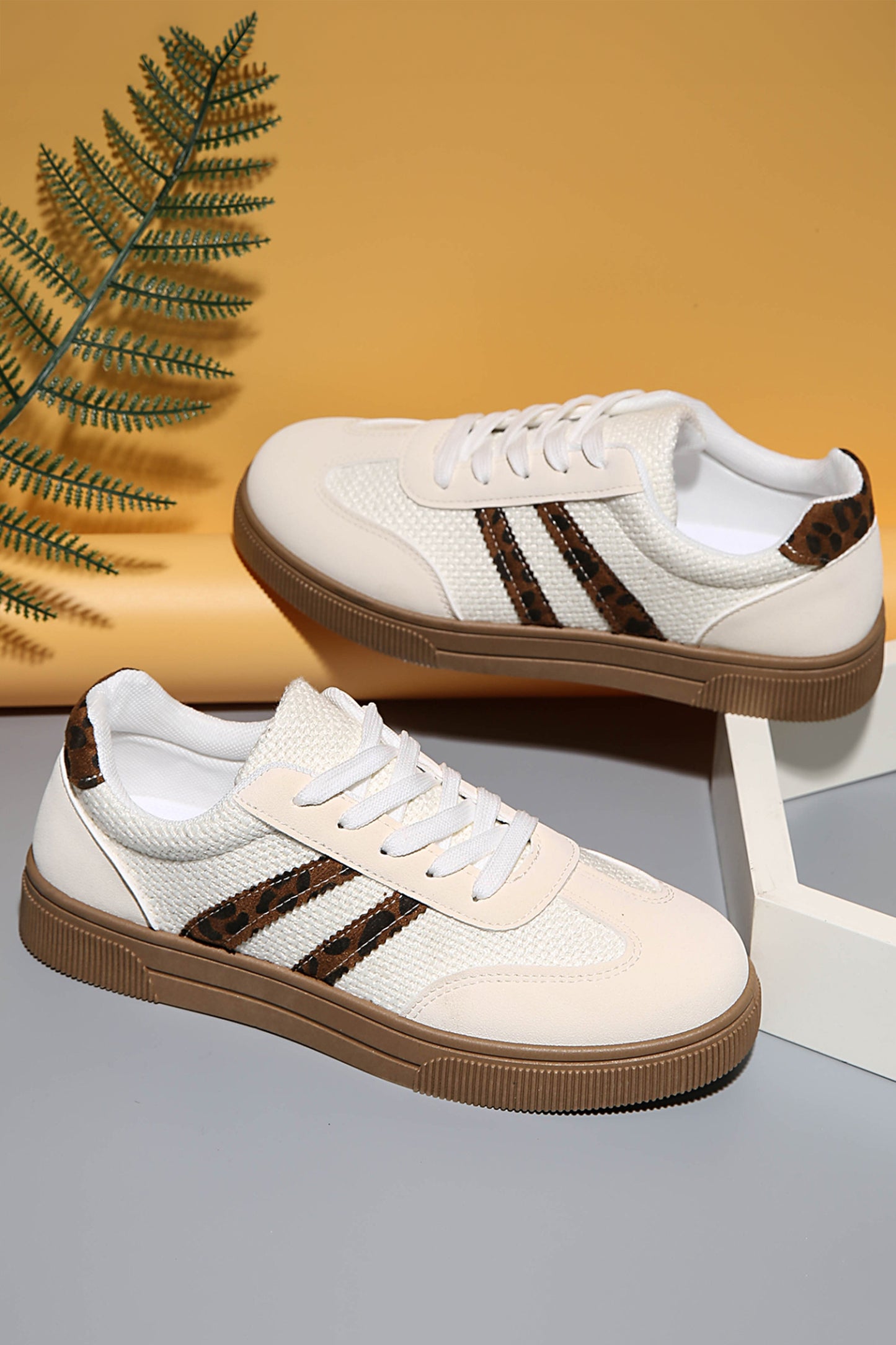 Woven Texture & Leopard Patchwork Lace-Up Flat Sneakers | White