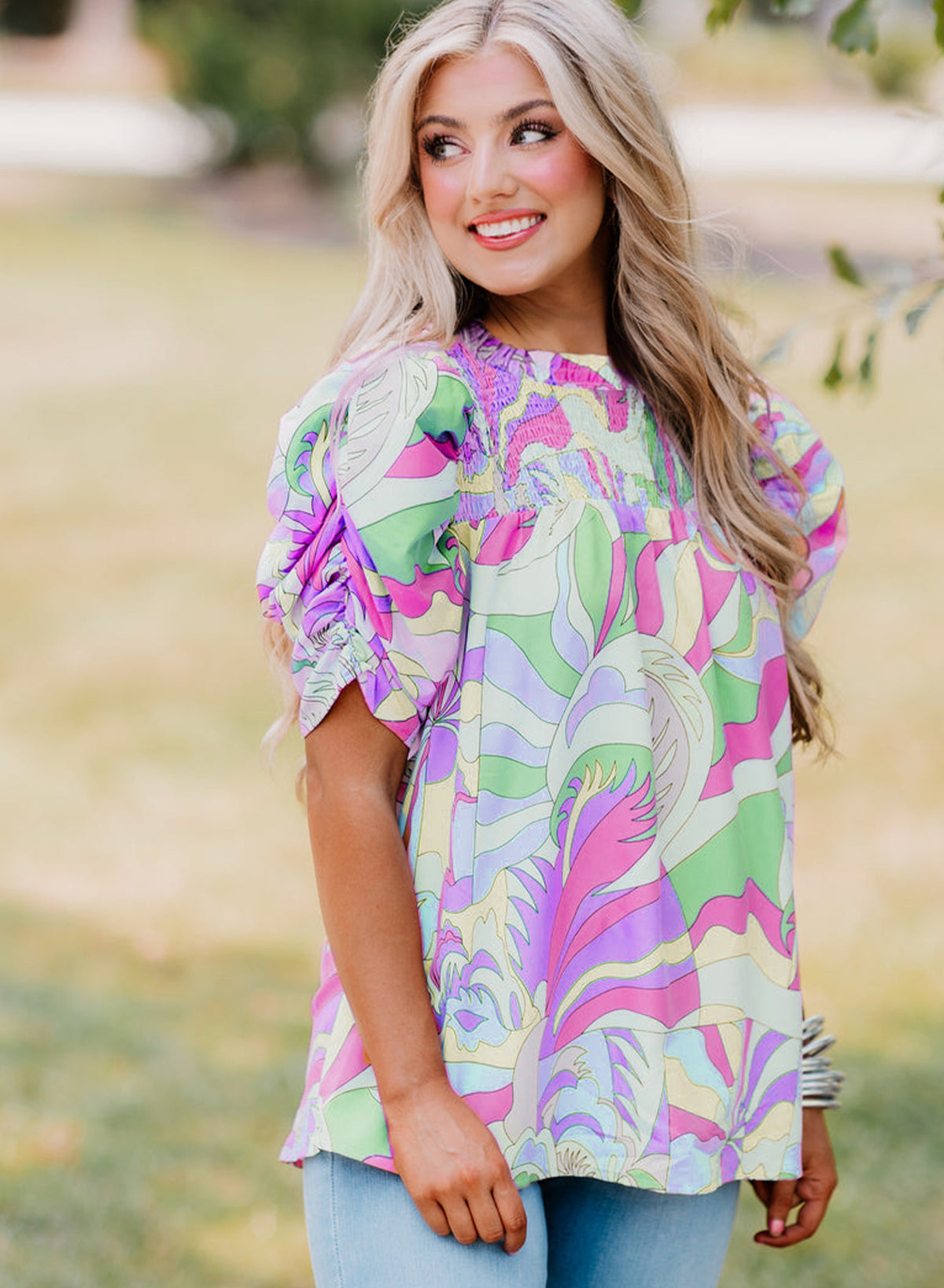 Mint Green Abstract Print Bubble Sleeve Smocked Neckline Blouse | S–XL