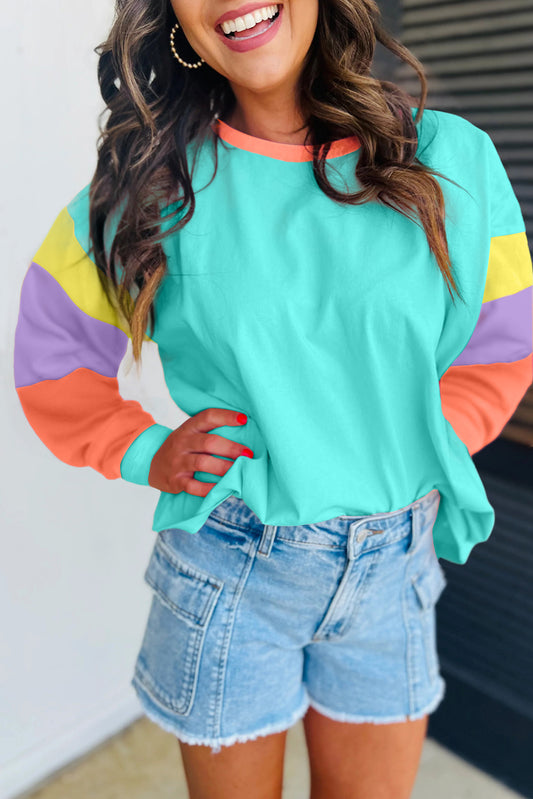 Colorblock Patchwork Long Sleeve Loose Top | Light Blue