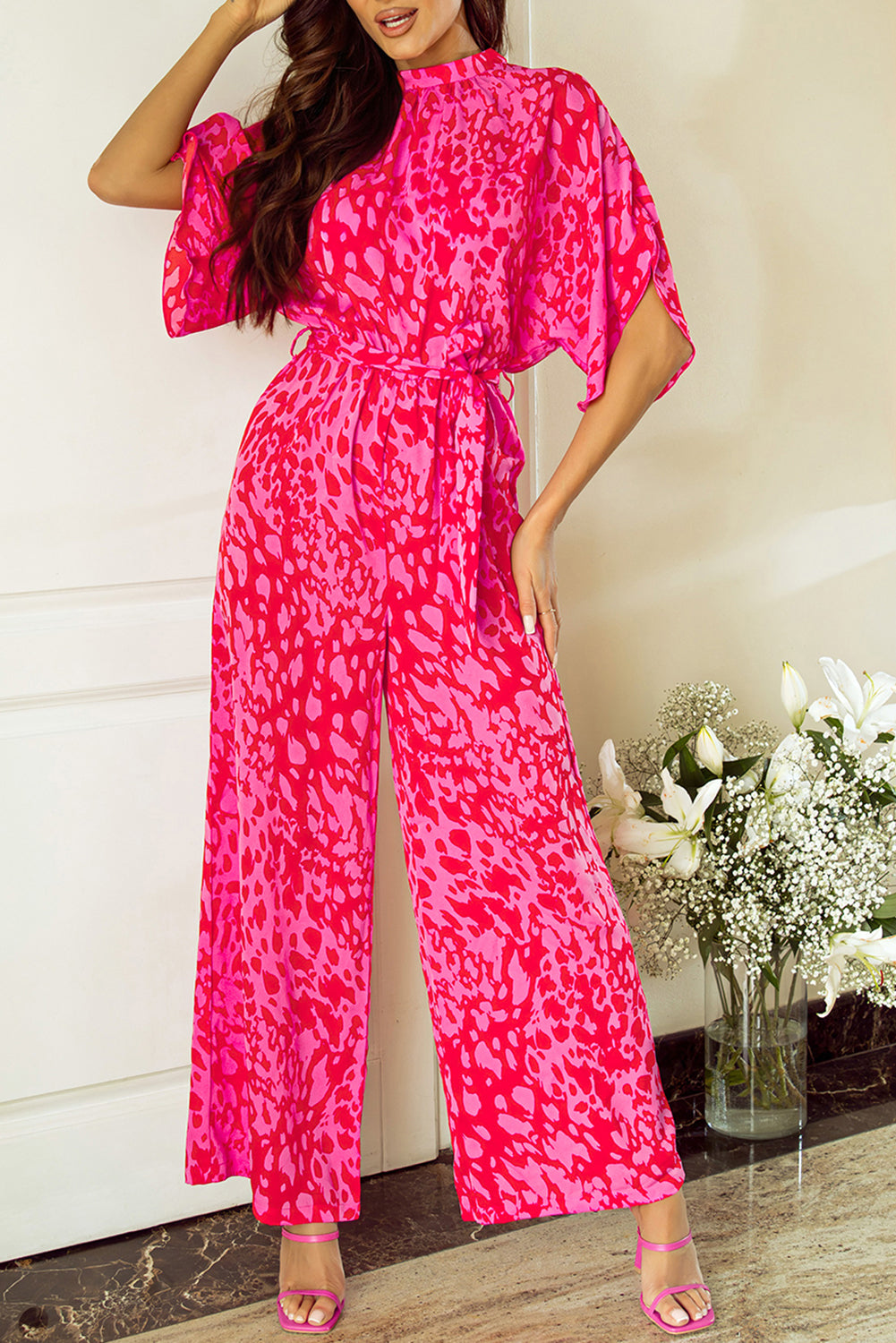 Rose Leopard Print Loose Sleeve Sash Belted Wide Leg Jumpsuit