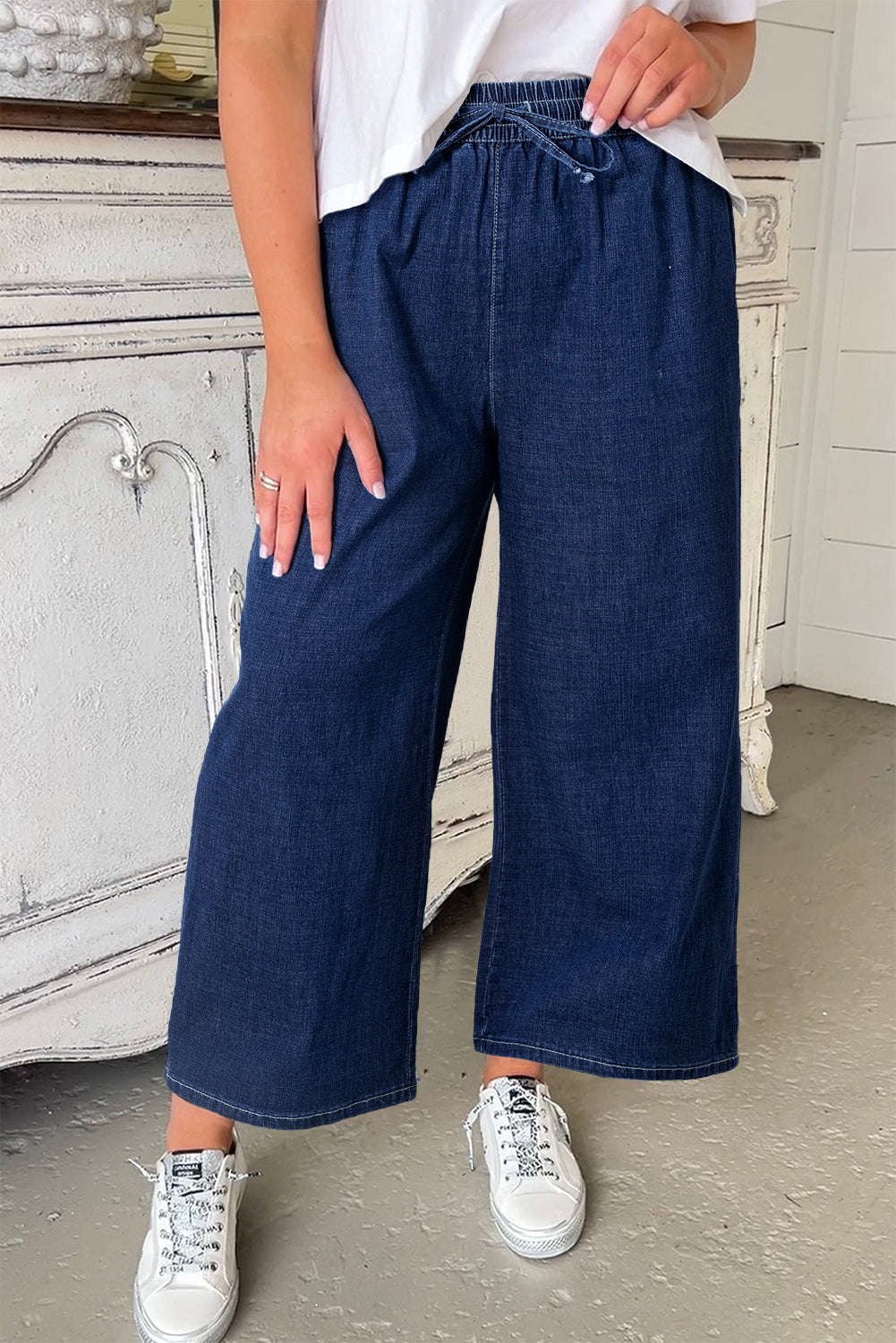 Drawstring High Waist Wide Leg Ankle Jeans – Plus Size Dark Blue 1X–4X