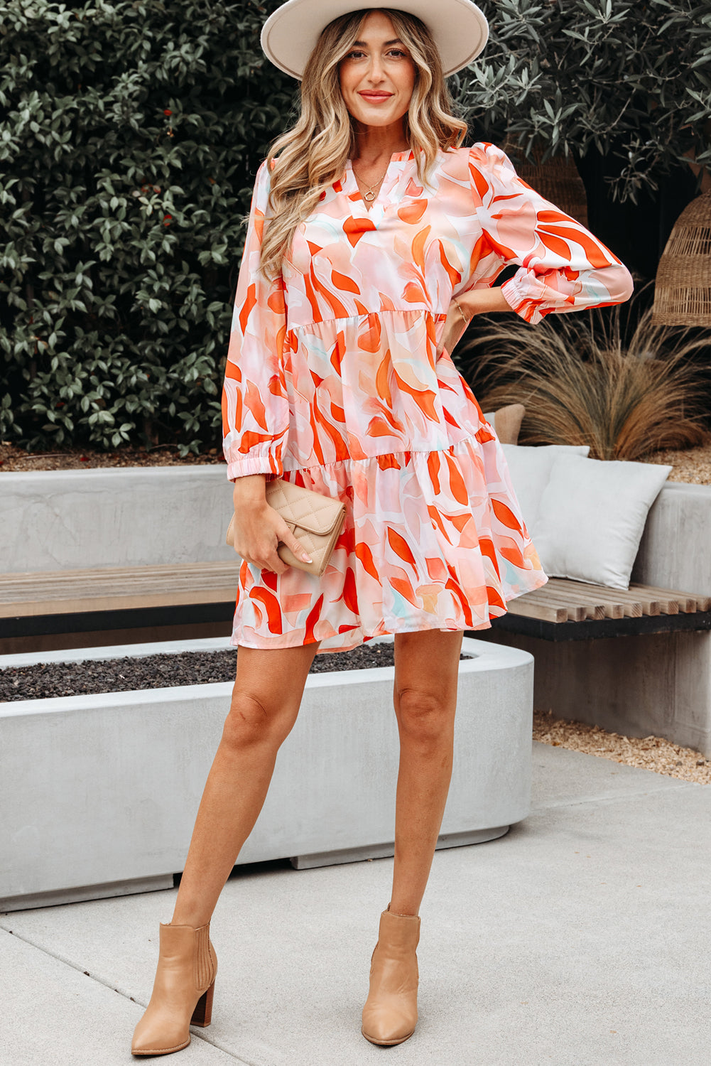 Orange Abstract Print Long Sleeve Midi Dress Women S–XL