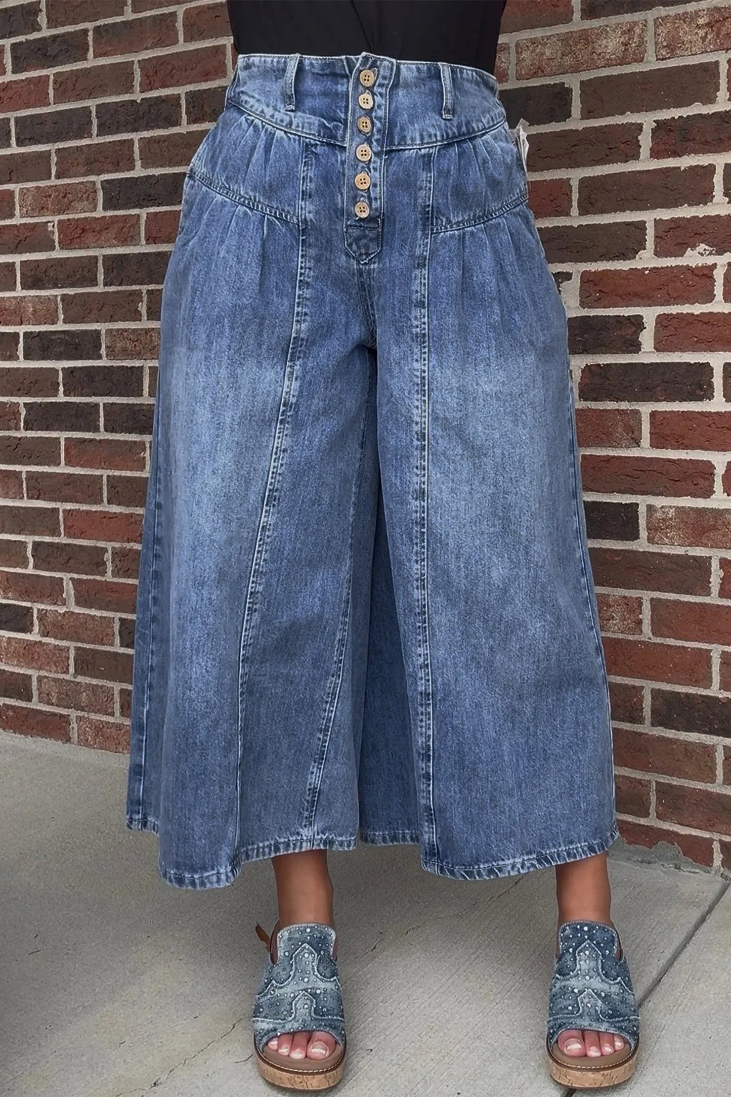 High-Rise Pleated Wide-Leg Cropped Denim Jeans | Dusk Blue