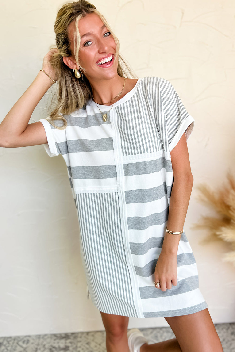 Grey Stripe Mixed Print Short Sleeve Shift Mini Dress | S–XL
