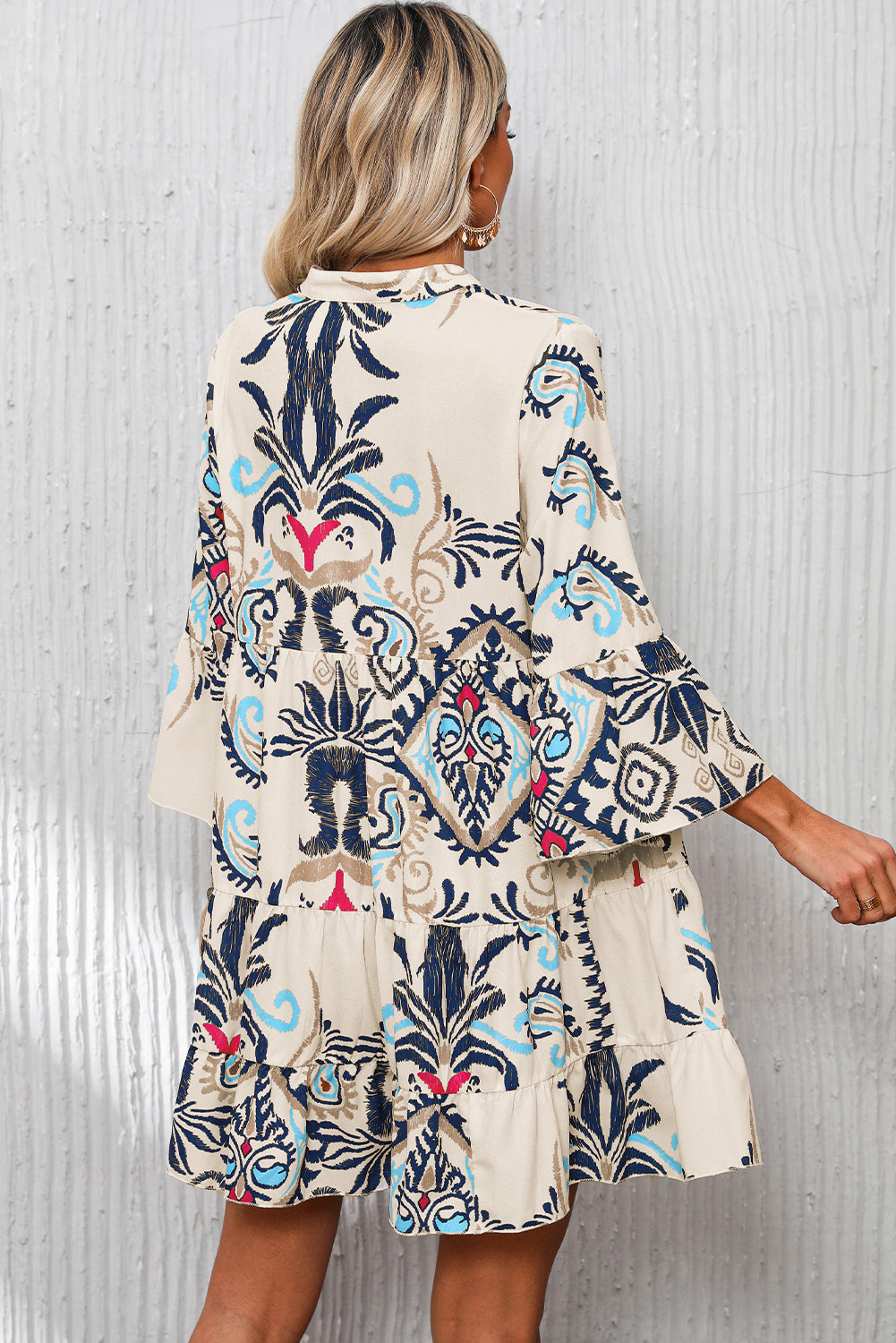 White Tribal Print Bracelet Sleeve Buttoned Mini Dress | S–XL