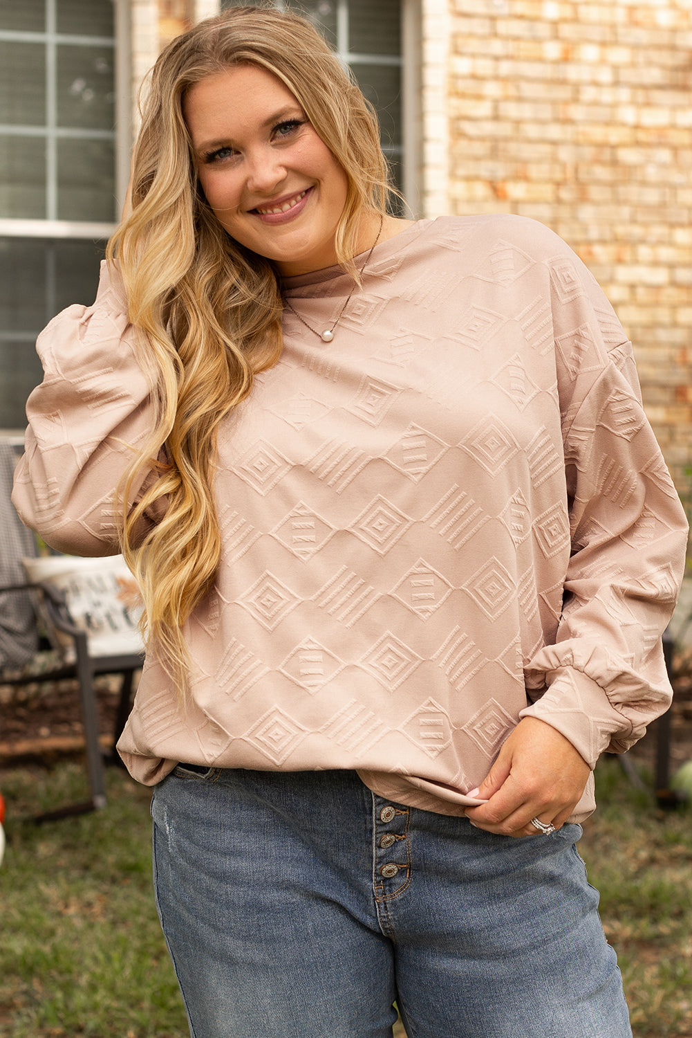 Textured Drop Shoulder Crew Neck Sweatshirt | Plus Size | Cream | 1X–4X