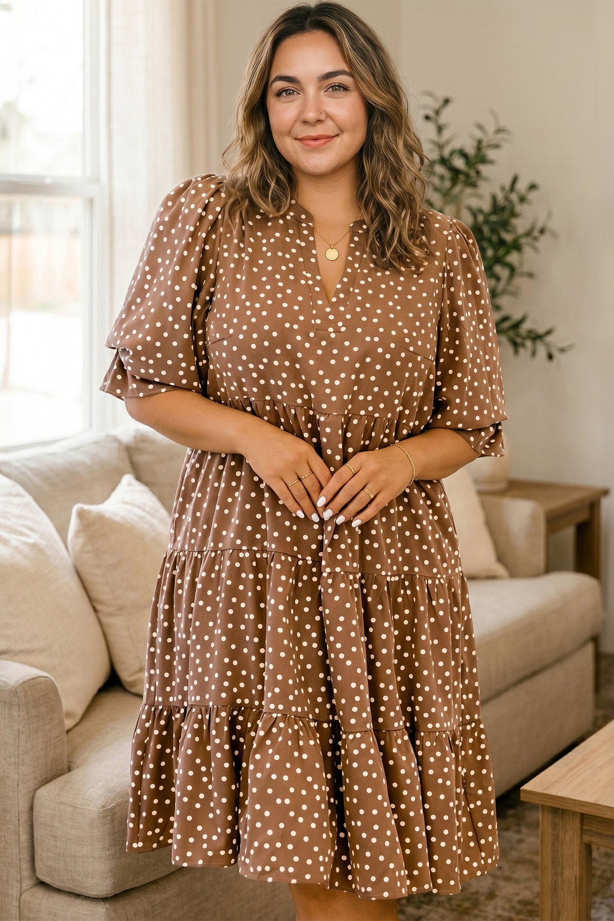 Plus Size Brown Polka Dot Long Sleeve V-Neck Shift Dress 1X to 4X