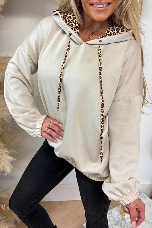 Leopard Contrast Drop Shoulder Drawstring Hoodie | Cream & Black | S–XL