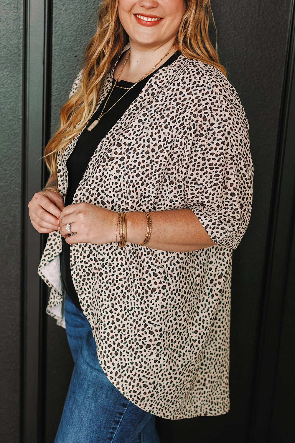 Khaki Leopard Print Open Front Cardigan – Plus Size 1X–3X