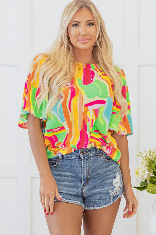 Multicolour Abstract Print Keyhole Back Pleated Half Sleeve Blouse – Women's Modern Art Top (S–XL)