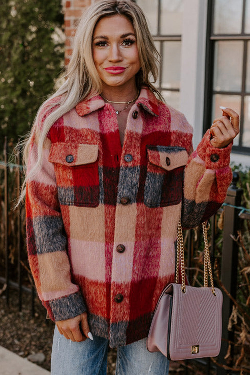 Plaid Print Flap Pocket Button Front Jacket | Plus Size | Earth Tones | 1X–4X