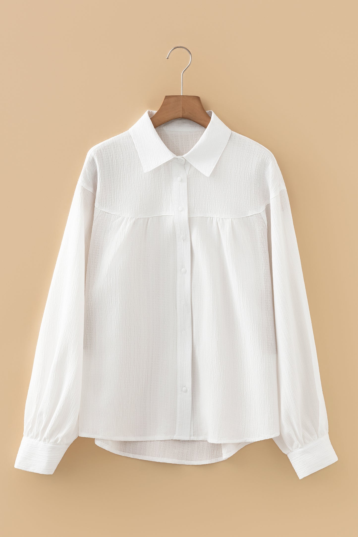 White Crinkle Texture Balloon Sleeve Button-Down Loose Shirt Women S–XL