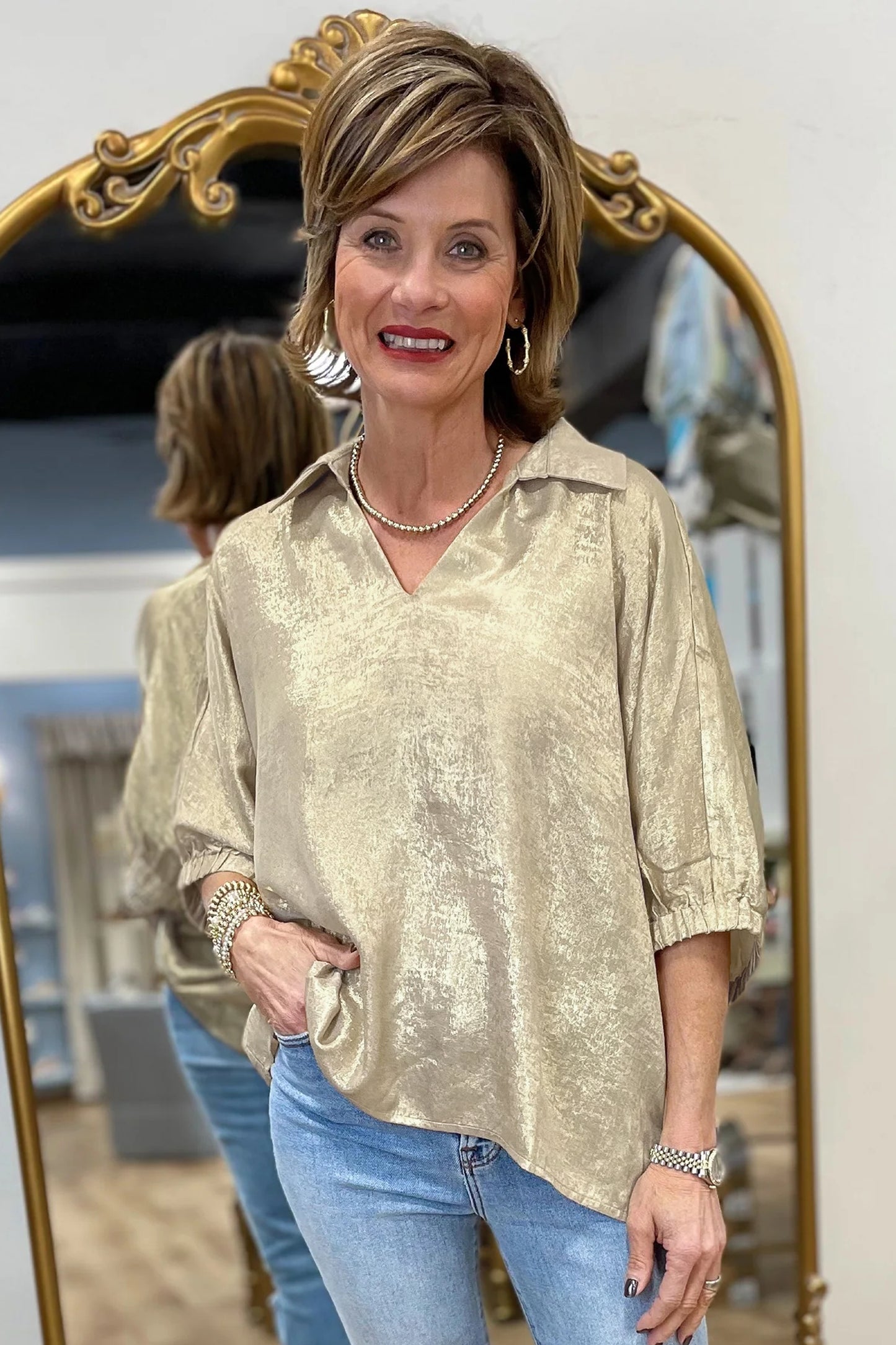 Shimmer Top V-Neck Collared Women S–XL