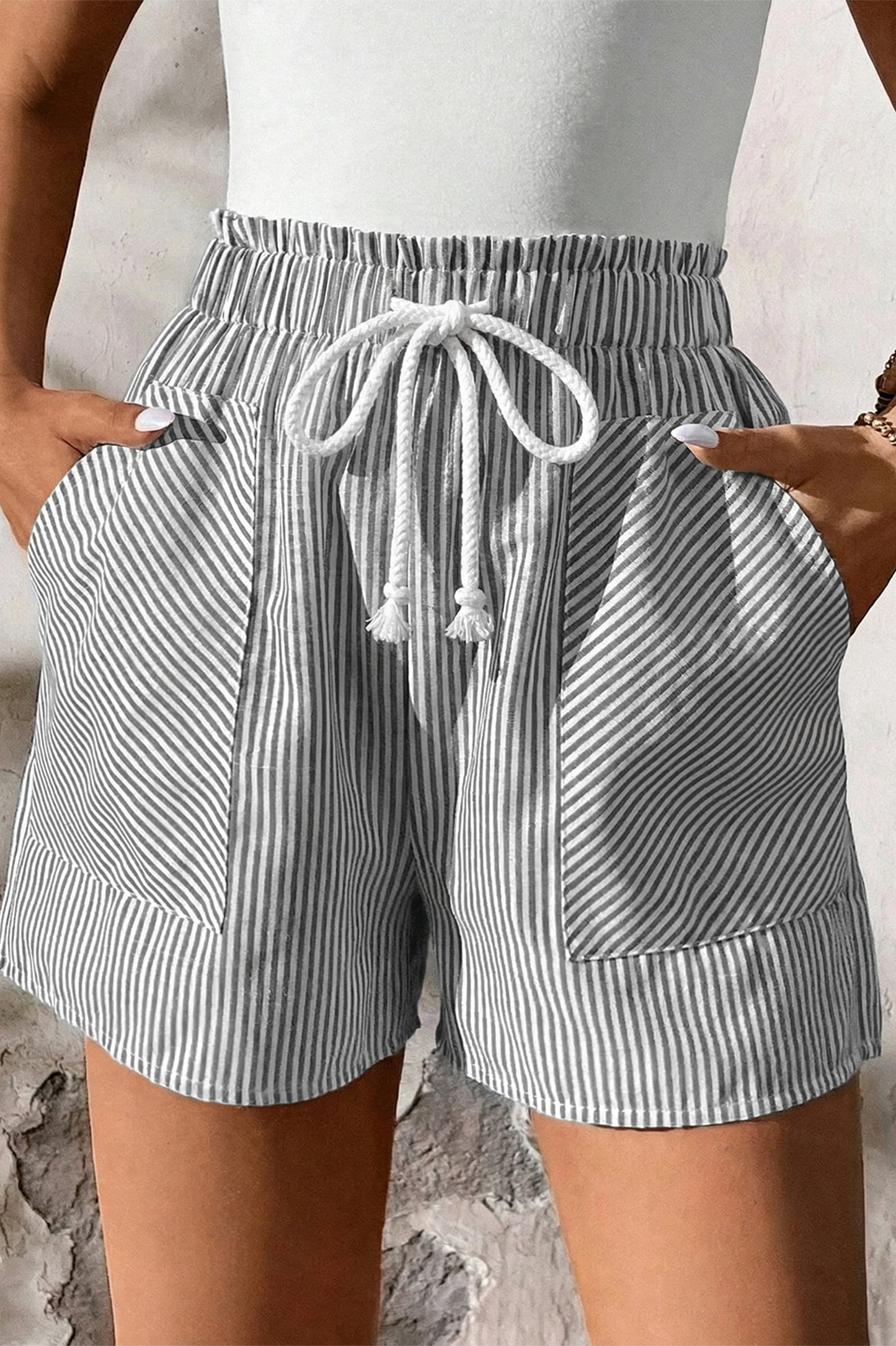 Grey Stripe Lace-Up Elastic Waist Casual Shorts with Pockets | S–XL