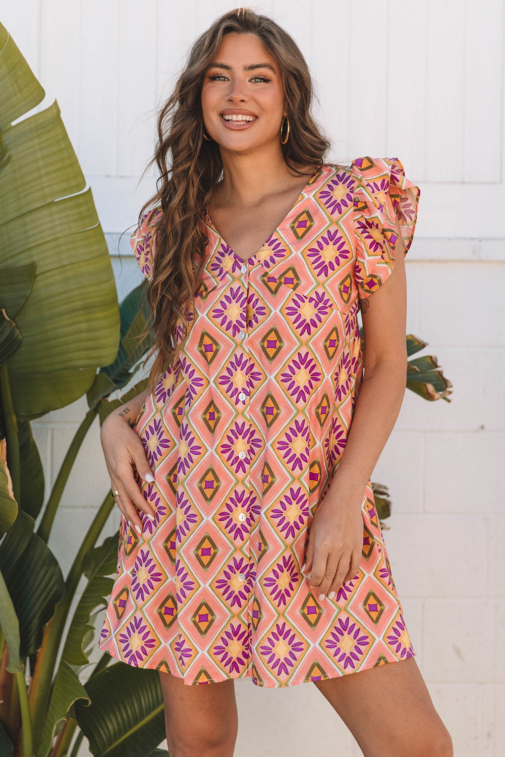 Apricot Geometric Floral V-Neck Buttoned Ruffled Sleeve Mini Dress