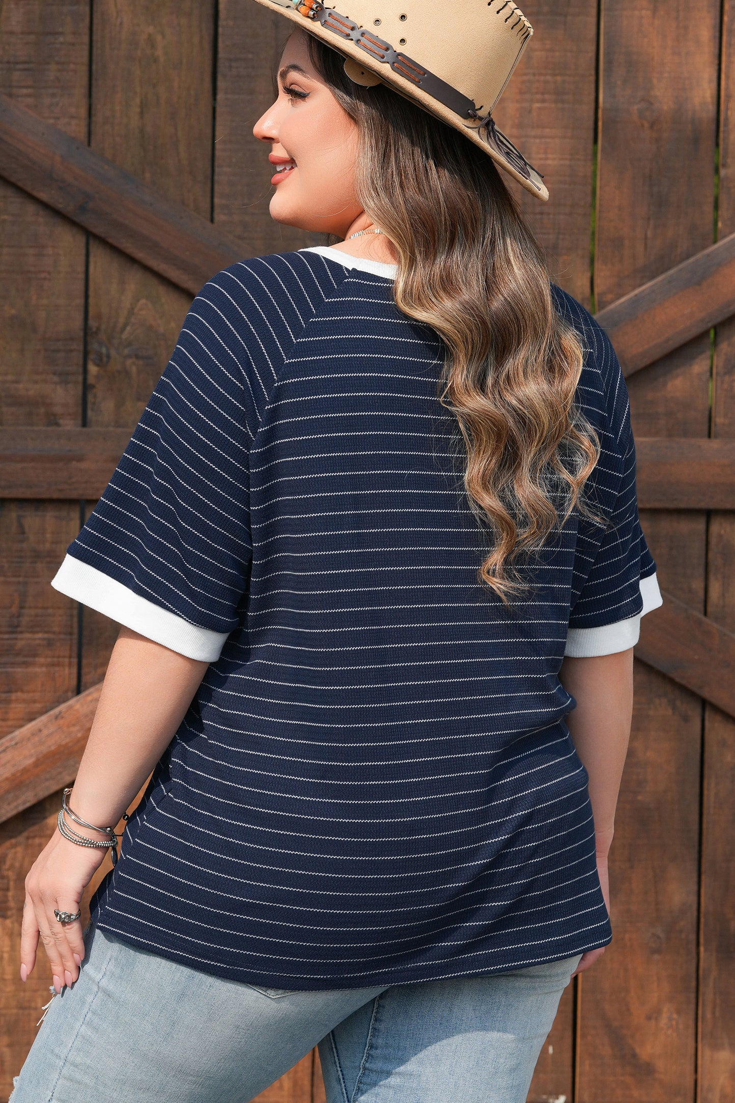 Plus Size Blue Stripe Contrast Trim Ribbed Tee Women 1X–4X