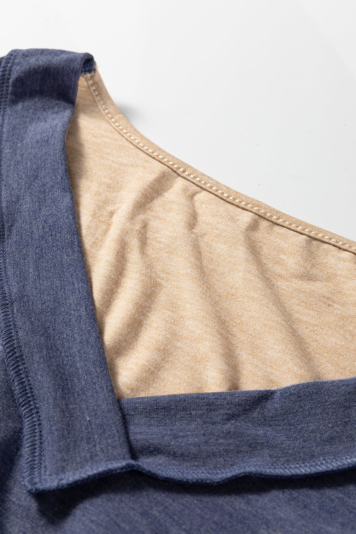 Exposed Stitching Colorblock V-Neck Top in Blue & Tan