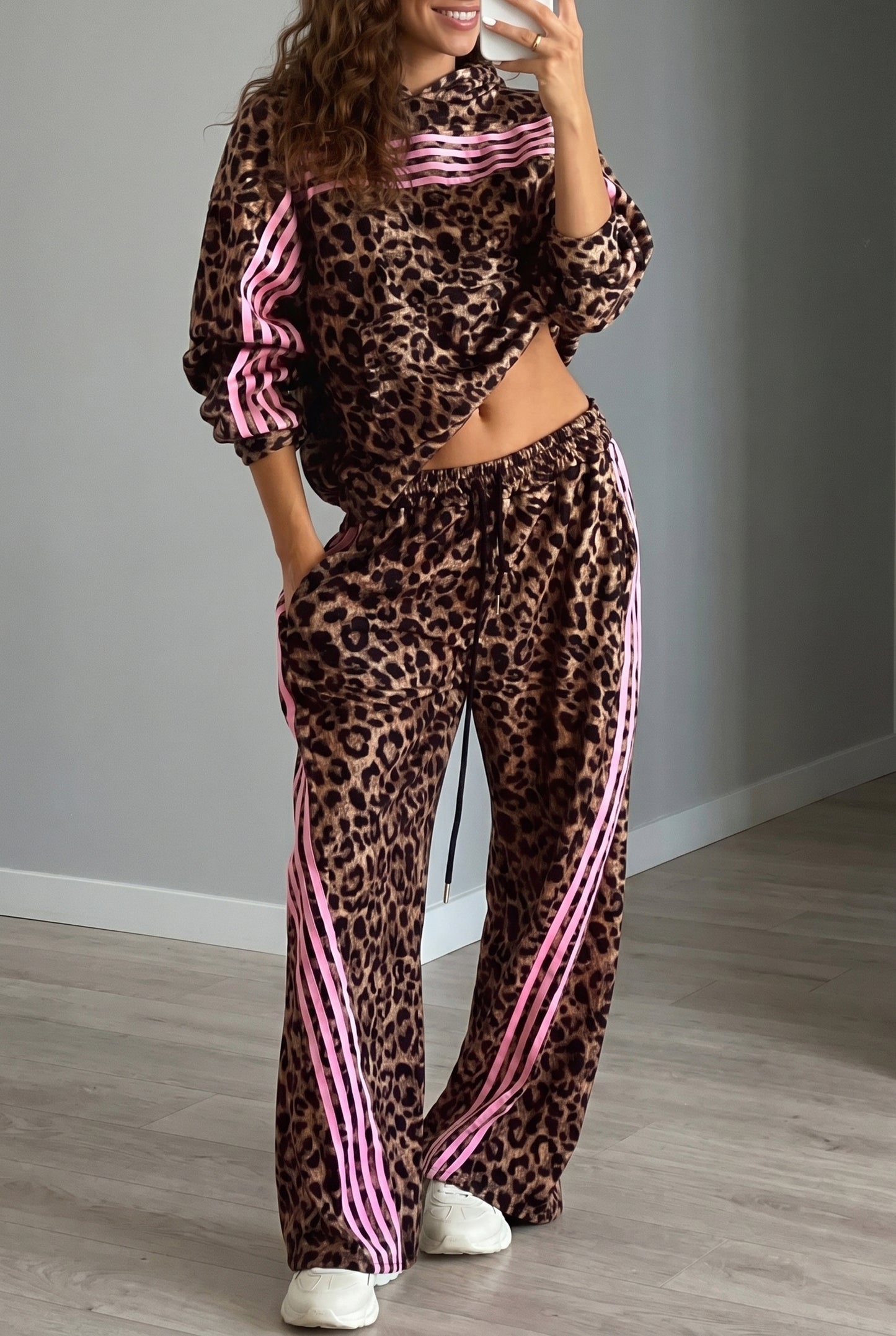 Women's Brown Leopard Print Striped Long Sleeve Top and Pant Set S to XL