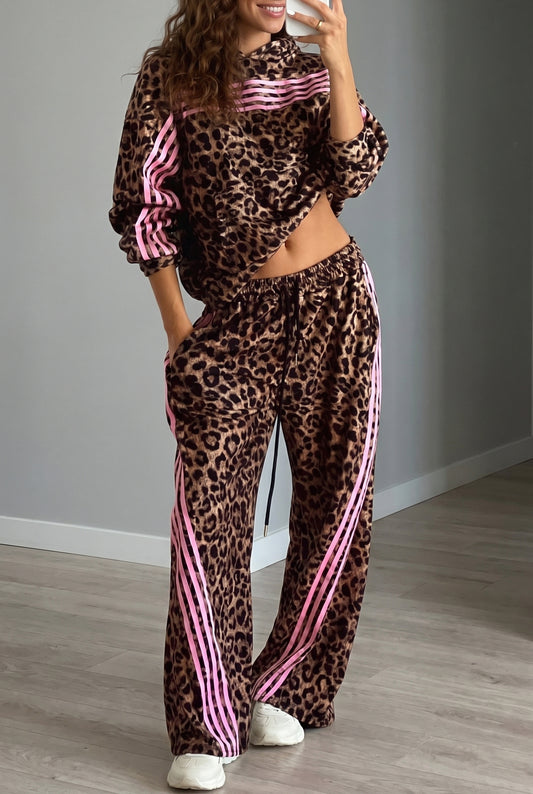 Women's Brown Leopard Print Striped Long Sleeve Top and Pant Set S to XL