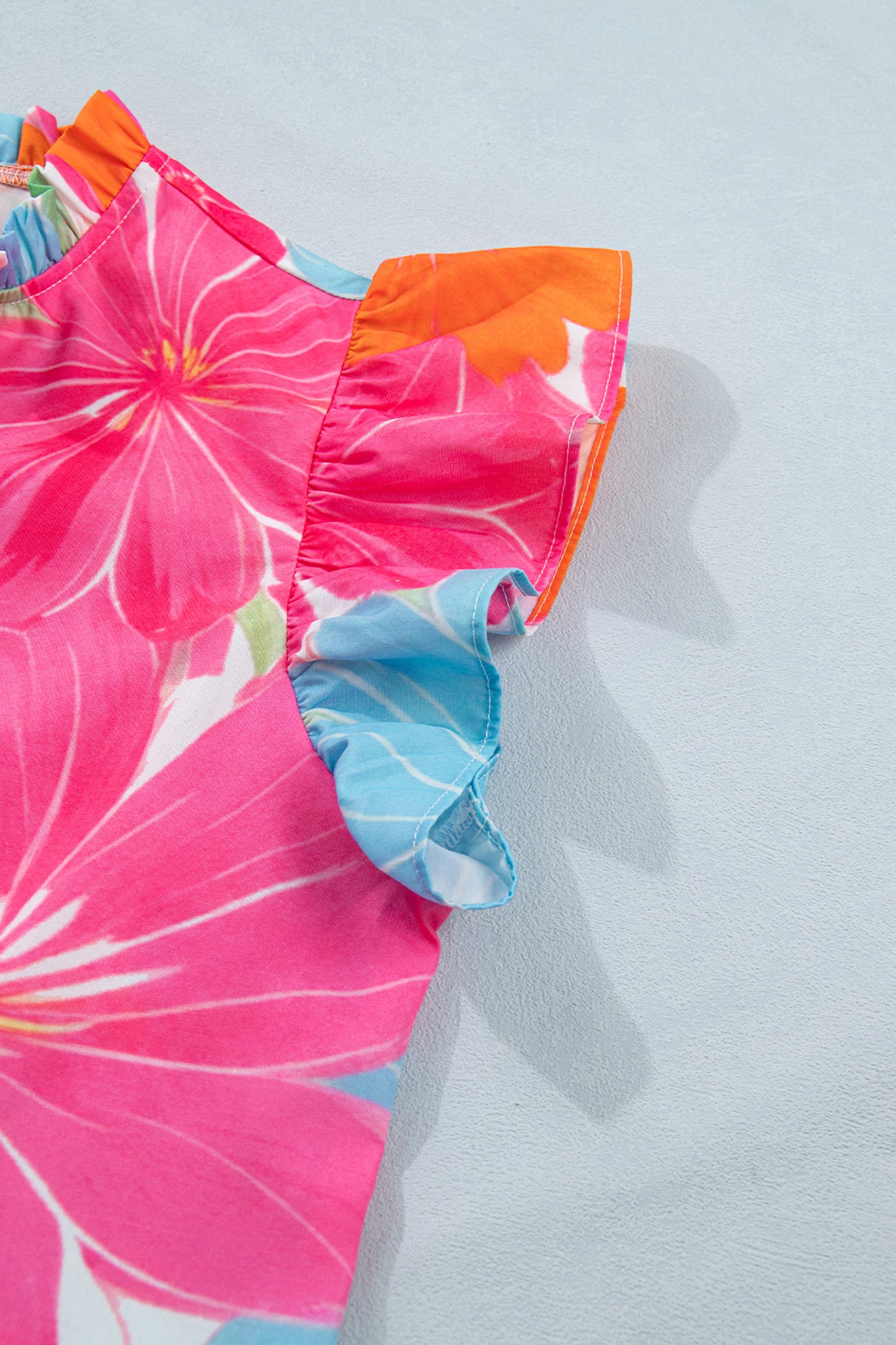 Floral Print Tie V-Neck Ruffle Trim Sleeveless Blouse