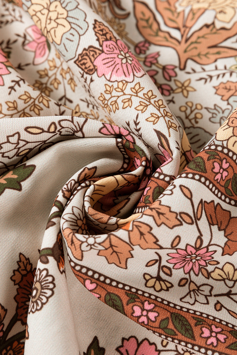 khaki Floral Print Tie Neck Lantern Sleeve Blouse