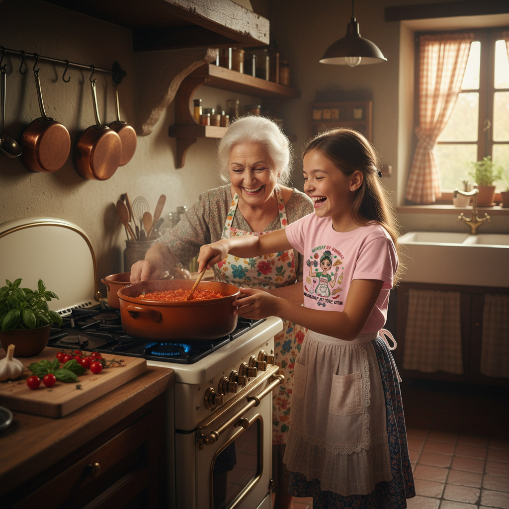 Girl with Nonna in kitchen