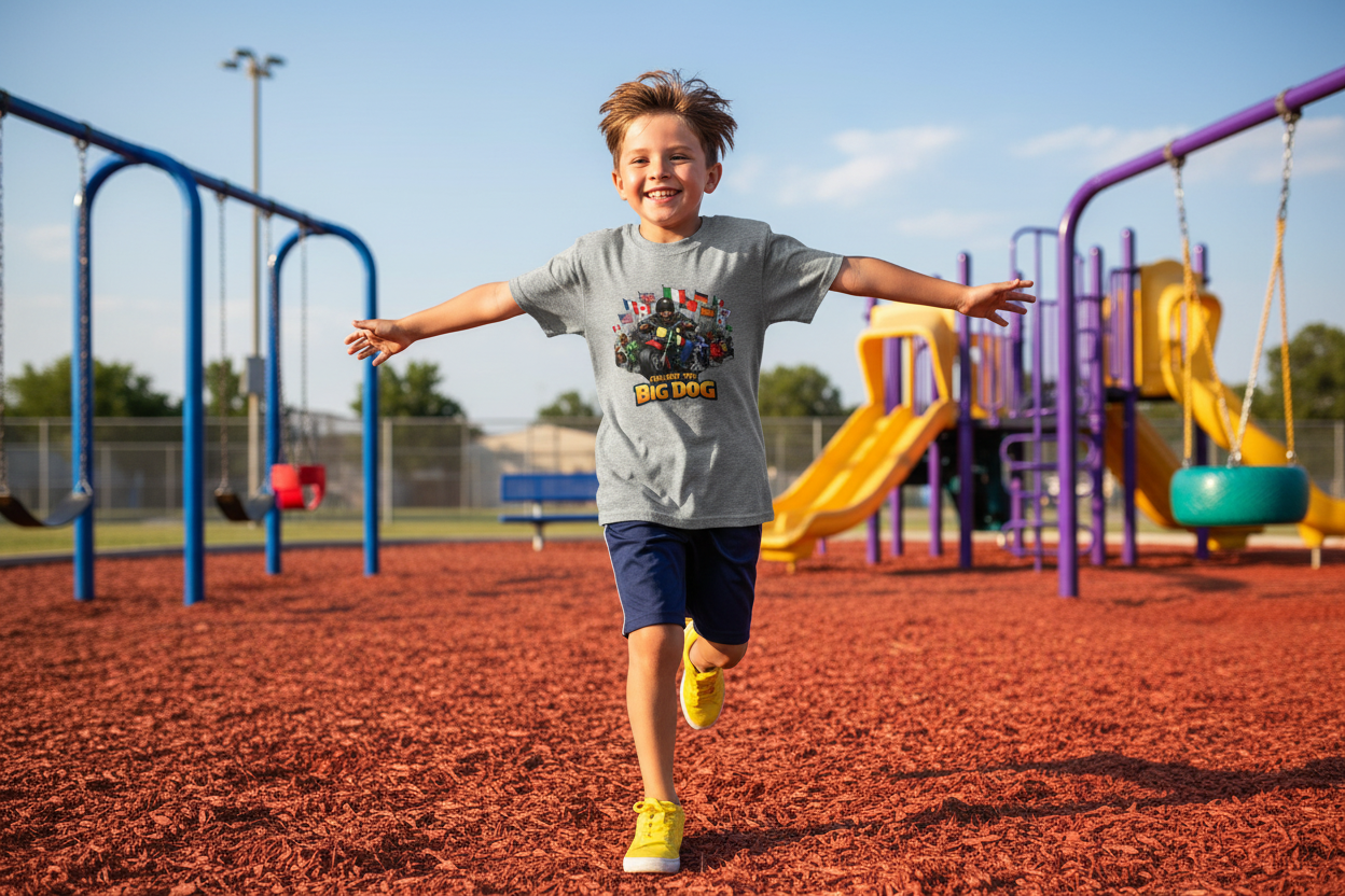 Kid at recess in sport grey tee