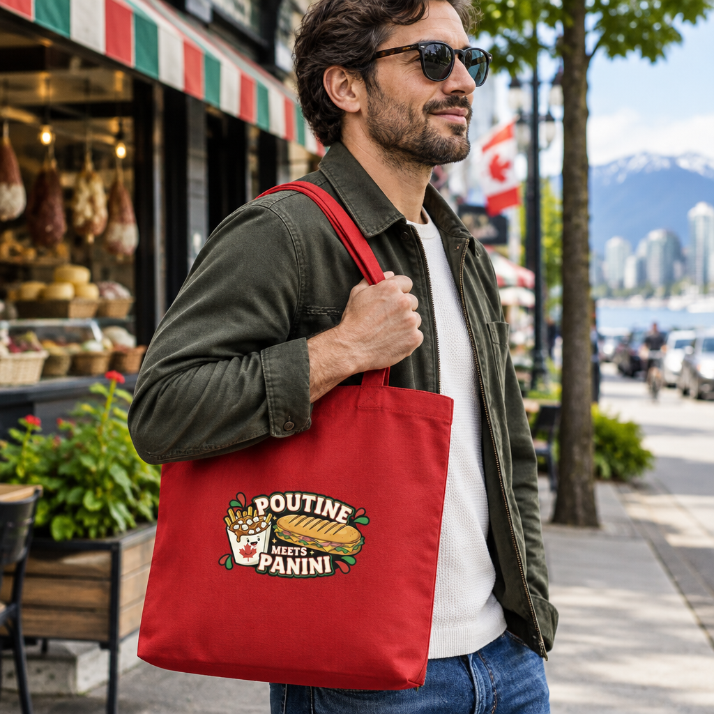 Man carrying the red Poutine Meets Panini tote