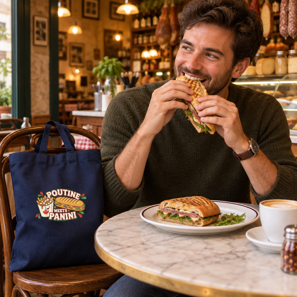 Man eating a baguette panini with the navy tote