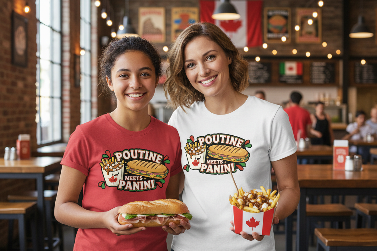 Mother and teenage daughter in white and red Poutine Meets Panini shirts