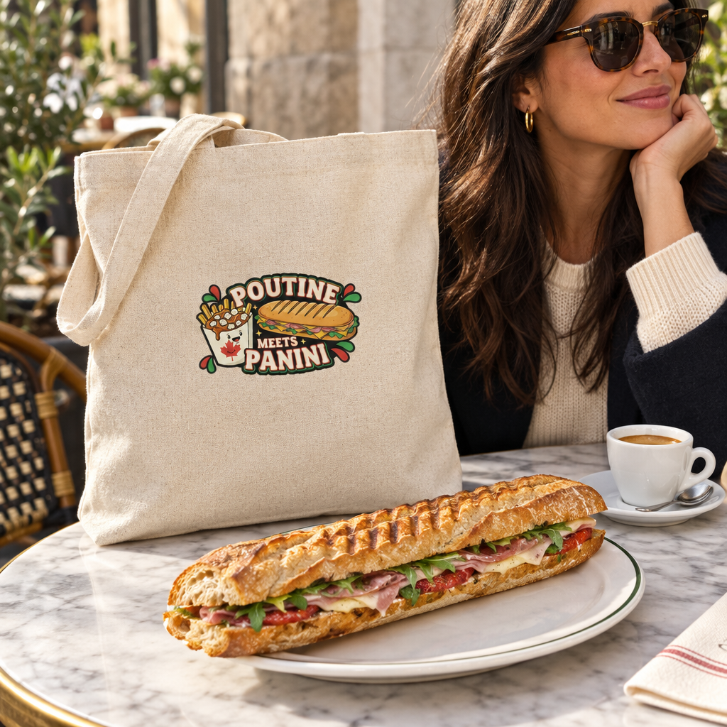 Natural beige tote beside a long Italian baguette panini and espresso